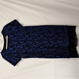 Adrianna Papell women's size 10 s/s dress black lace/blue lining/black fringe